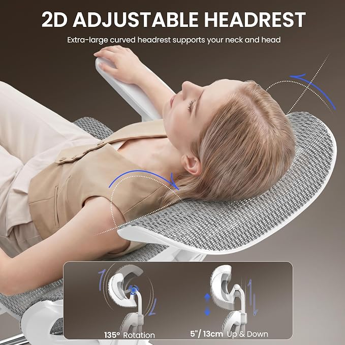 naspaluro Ergonomic Office Chair Mesh Desk Chair with Adjustable Headrest Lumbar Support 3D Armrest 90-135° Reclining Chairs for Home Office, Study, Work & Gaming (Grey)