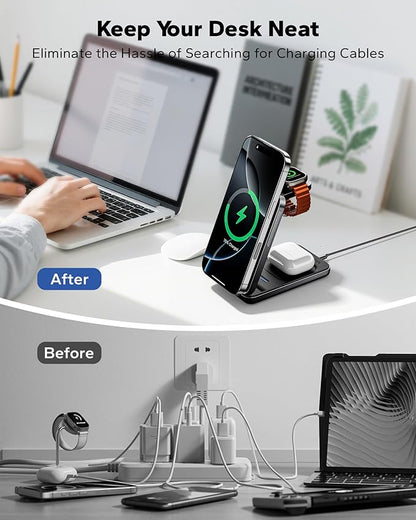 KPON Foldable 3in1 Charging Station for Magsafe, Travel Phone and Watch Charger for Apple, PD20W Wireless Charging Dock for Multiple Devices iPhone 17 16 15 14 13 12 Series/Apple Watch/Airpods