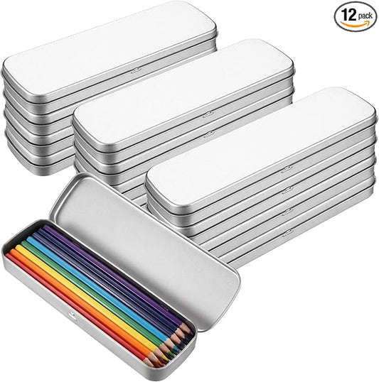 Feifeiya 12 Pcs Back to School Tin Pencil Case Metal Pencil Case Empty Hinged Stainless Steel Box Rectangular for Brushes Crayon