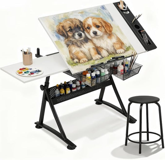 Magshion Professional Drafting Table for Adults w/Stool, Tilting Wooden Tabletop & Adjustable Height, Art Craft Desk Watercolor Paintings Sketching Work Station for Studio Home Office School (White)