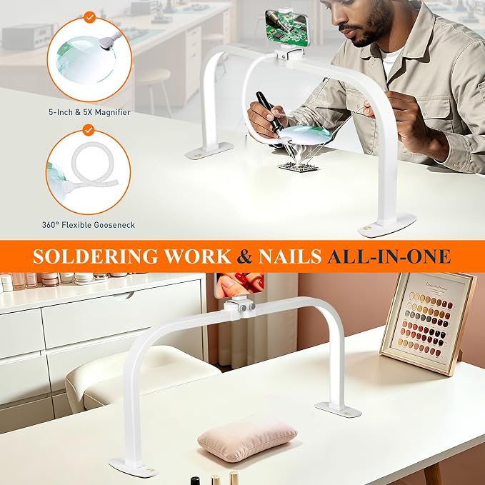 Half Moon Nail Desk Lamp with 5X Magnifier & Phone Holder, LED Arch Tech Light 30" Foldable for Manicure Eyelash Extensions Salon Craft Fingernail Art, 2700LM Multiple Brightness 3000-6000K