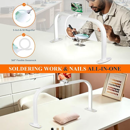 Half Moon Nail Desk Lamp with 5X Magnifier & Phone Holder, LED Arch Tech Light 30" Foldable for Manicure Eyelash Extensions Salon Craft Fingernail Art, 2700LM Multiple Brightness 3000-6000K