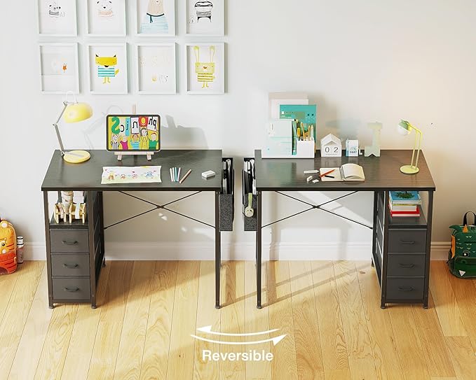AODK 32 Inch Small Computer Desk with Fabric Drawers, Kids Study Desk for Bedroom, Home Office Desk with Storage Shelf & Bag for Small Space, Black