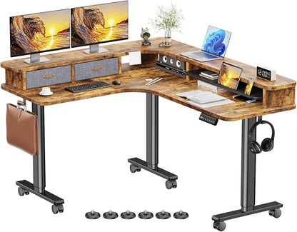 Flycity Electric L Shaped Standing Desk with Drawers, 63" x 55" Corner Standing Desk Adjustable Height, Stand Up Home Office Desk, Dual Motor Sit Stand Desk with 3 Memory Preset & Lock, Brown