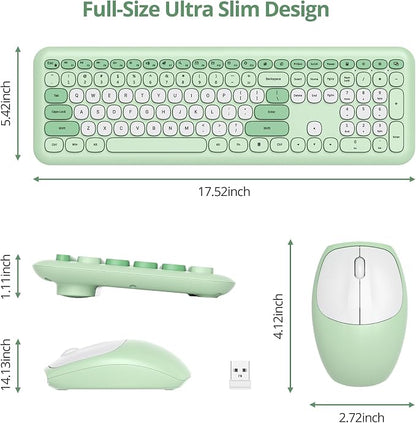 surmen Green Keyboard and Mouse Wireless, Cute Wireless Typewriter Keyboard, Full Size Slim Silent Round Keys Aesthetic for Home and Office(Colorful Green)