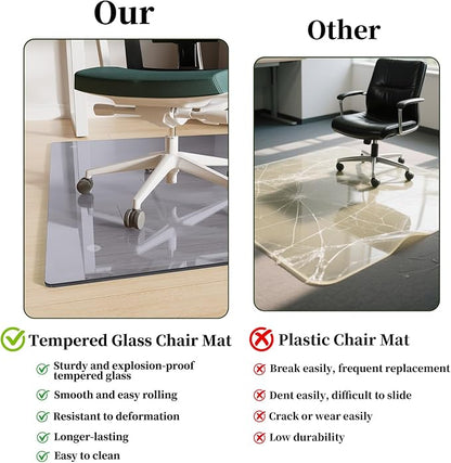 Glass Chair Mat 40" x 60" Heavy Duty Tempered Glass Office Chair Mat, Glass Floor Mat with Round Corner and Polished Edge for Smooth Glide, Office Chair Mat for Carpet, Hardwood Floor, Grey