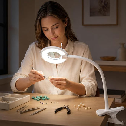Clip On Magnifier Desk Lamp, Flexible Gooseneck, 2-in-1 Magnifying Glass 3X+6X Led Work Light for Reading, 3 Dimmable Office Magnifying Lamp, Hands Free Mag Desk Lamp for Crafts Sewing Needlepoint