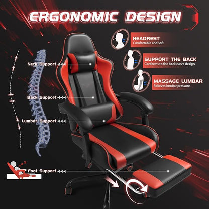 Shahoo Gaming Chair with Footrest and Massage Lumbar Support, Ergonomic Computer Chairs 360°Swivel and Height Adjustable Seat with Headrest for Office or Bedroom, Study Room, Red