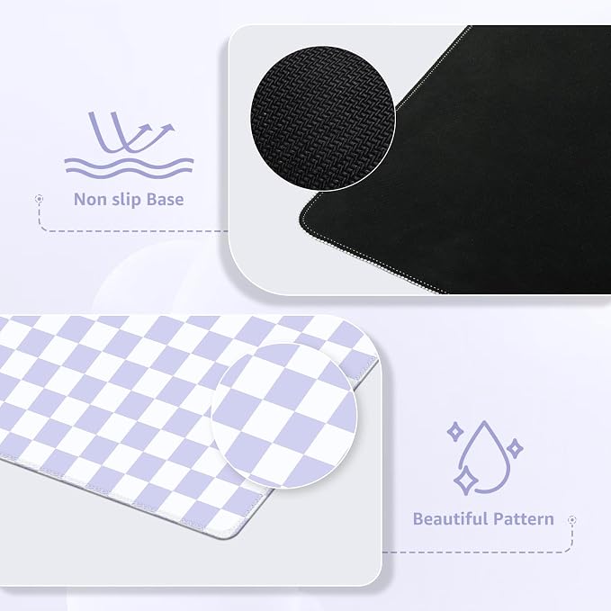 iCasso Desk Pad Mat, Desk Matt for Desktop, Cute XXL Large Mouse Pad, Anti-Slip Big Mousepad with Stitched Edges, Keyboard Pad Mouse Mat for Computer (Purple Checkered)