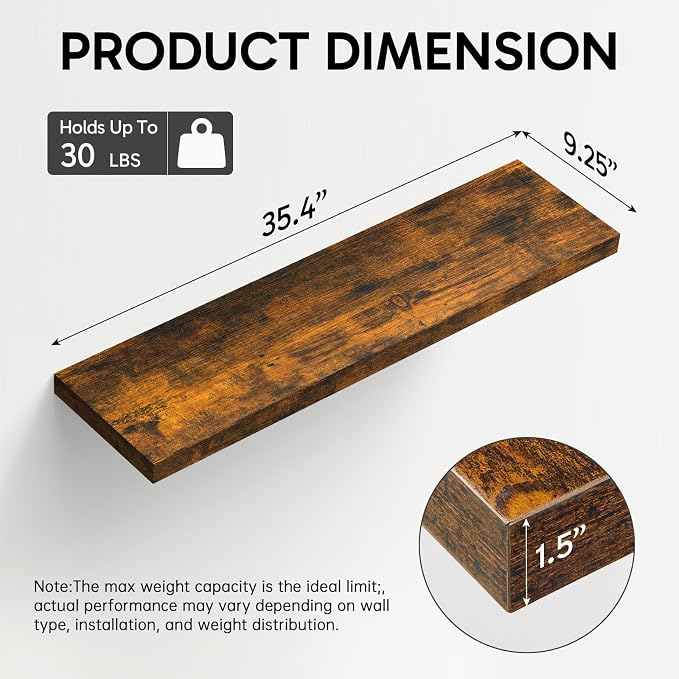 BAYKA Floating Shelves, 35.4 inches Long Wall Mounted Rustic Wood Shelves for Bathroom, Bedroom, Living Room, Kitchen, Office, Hanging Shelf for Books/Storage/Decor(Rustic Brown,Set of 2)
