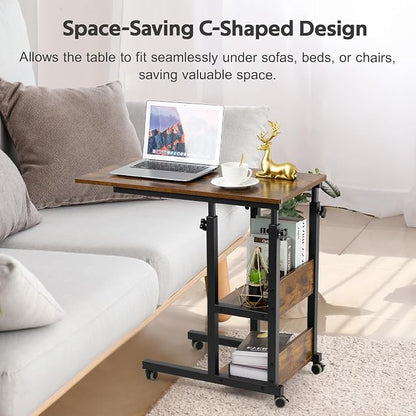 Hadulcet C Shaped Side Table Adjustable, Height Adjustable C Table with Wheels and Storage Shelves for Couch Bed Recliner Rustic Brown