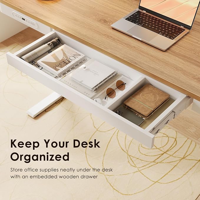 OffiGo 55 Inch Electric Standing Desk, Height Adjustable Table with Storage, Sit Stand Desk with Charging Station for Home Office, Computer Workstation, Maple+White