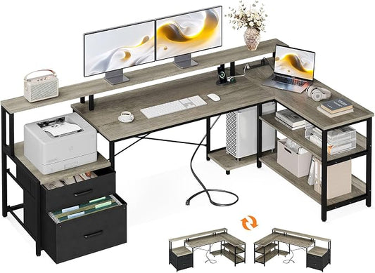 ODK 75" L Shaped Desk with File Drawers, Work from Home Office Desk with Power Outlet, Reversible Computer Desk with Storage Shelves, Gaming Desk with Monitor Shelf, Corner WFM Table, Grey Oak