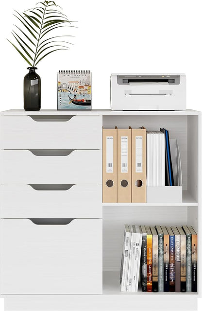 TQVAI 4 Drawer Filing Cabinet Organizer with 2 Open Shelves, Heavy Duty for Storing Letter A4 Size and Printer, Wood Lateral File Cabinets for Home Office, Hanging Files, White, Easy Assembly