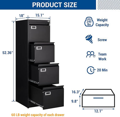Fesbos File Cabinet - 4 Drawers Vertical 17.8" Deep Lockable Filing Cabinet Black Metal Storage Cabinets for Home Office to Hanging Files Letter/Legal/F4/A4 Size