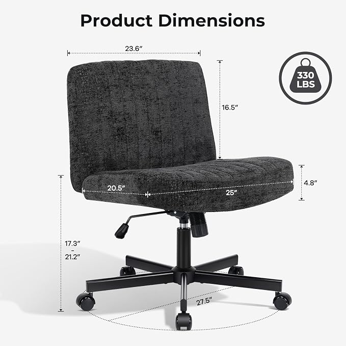 Convertible Base Criss Cross Chair with Pocket Springs & Thicker and Wider Cushions, Armless Legged Office Chair Relieves Back Pain, Swivel Vanity Chair for Living Room/Office, Black