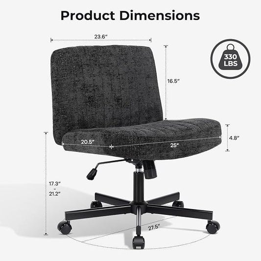 Convertible Base Criss Cross Chair with Pocket Springs & Thicker and Wider Cushions, Armless Legged Office Chair Relieves Back Pain, Swivel Vanity Chair for Living Room/Office, Black