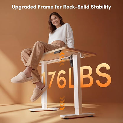 FEZIBO Small Standing Desk, 32 × 19 Inches Electric Height Adjustable, Sit and Stand Up, Computer Office Desk with Splice Board, White Frame/Maple Top
