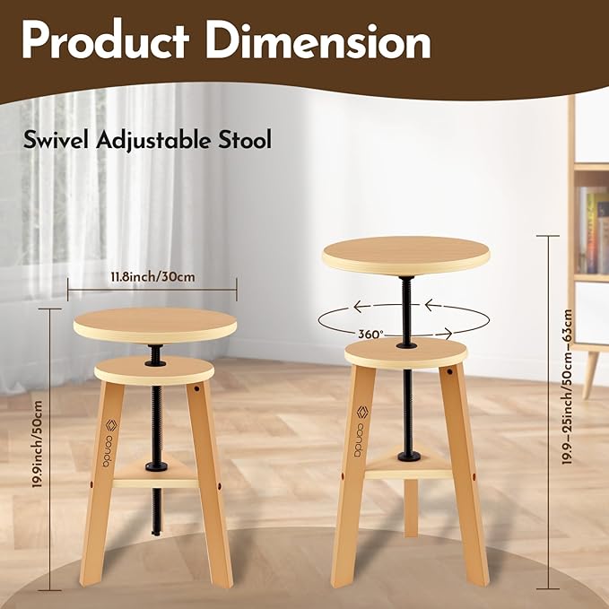 conda Adjustable Height Wooden Drafting Stool 20" to 25", Beech Wood Artist Stool for Drafting, Painting, Office, Studio, Kitchen, Bar, and Home Use