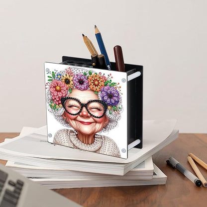 DIY Diamond Painting Kit，Cute Elderly Special Shape diamond painting pen holder, Acrylic Daily Office Desktop Decoration Storage Item