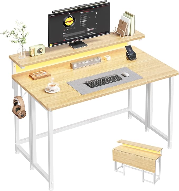 DurayLoly Folding Table with RGB Light for Small Space, 39.4" Folding Computer Desk for Space Saving Sofa Table for Couch, Home Work Office Desk with Monitor Stand, Easy to Fold with Hooks,Oak