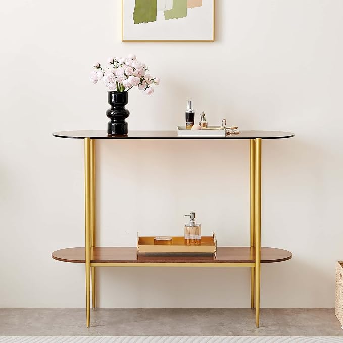 LumFurn Oval Glass Console Table for Living Room, Foyer & Entrance, 2-Tiers Mid-Century Modern Sofa Table with Amber Glass Top, Walnut Finish Wood Top and Gold Finish Metal Frame