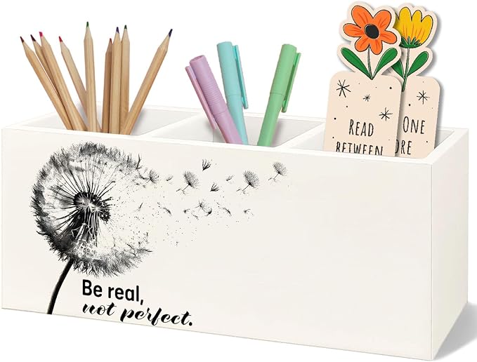 Dandelion Motivational Decorative Pencil Holder for Desk, Be Real Not Perfect Wooden Pen Pencil Holder, Motivational Gifts for Women Men, Motivation Decor for Home Room Office