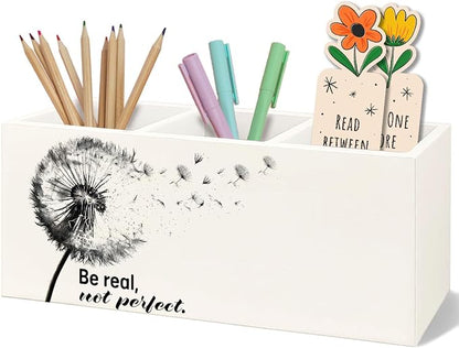 Dandelion Motivational Decorative Pencil Holder for Desk, Be Real Not Perfect Wooden Pen Pencil Holder, Motivational Gifts for Women Men, Motivation Decor for Home Room Office
