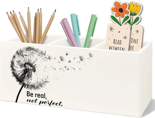 Dandelion Motivational Decorative Pencil Holder for Desk, Be Real Not Perfect Wooden Pen Pencil Holder, Motivational Gifts for Women Men, Motivation Decor for Home Room Office