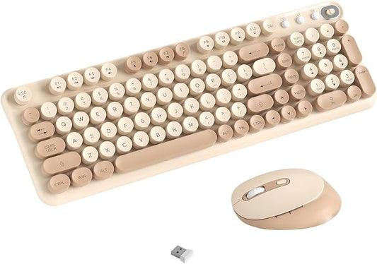 Wireless Keyboard and Mouse Combo, 2.4GHz USB Receiver, Plug and Play, Retro Full Size Typewriter Keyboard and Wireless Mouse for Computer, Laptop, Windows, Mac, and PC (Milk Tea)