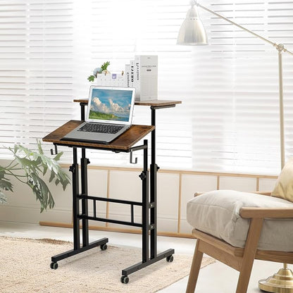 SIDUCAL Mobile Standing Desk, Portable Stand Up Desk, Small Adjustable Converter with Wheels Home Office Workstation, Rolling Laptop Cart for Sitting, Rustic Brown
