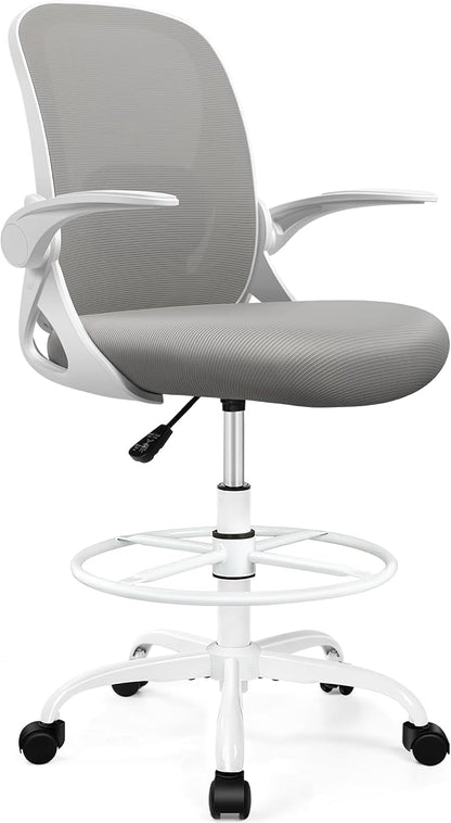 Drafting Chair Tall Office Chair with Flip-up Armrests, Adjustable Height, and Enhanced Lumbar Support - Ergonomic Rolling Stool, Back Support, and Adjustable Foot Rest Ring for Standing Desk Gray