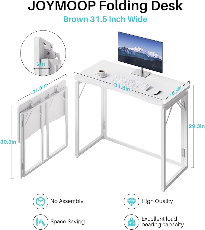 JOYMOOP White Folding Desk - 31.5", No Assembly Small Foldable Desk for Home, Office, Wooden Top Folding Computer Desk for Working, Writing, Studying