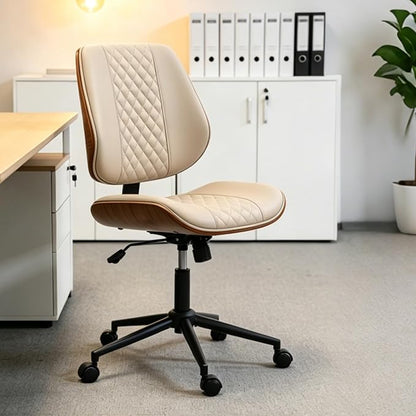 DYHOME Modern Walnut Home Office Chair with Wheels, Executive Office Desk Chair No Arms, Adjustable Height Small Desk Chair, Comfy PU, Deeper Cushion, Mid Back 360 Swivel Computer Chair, Beige