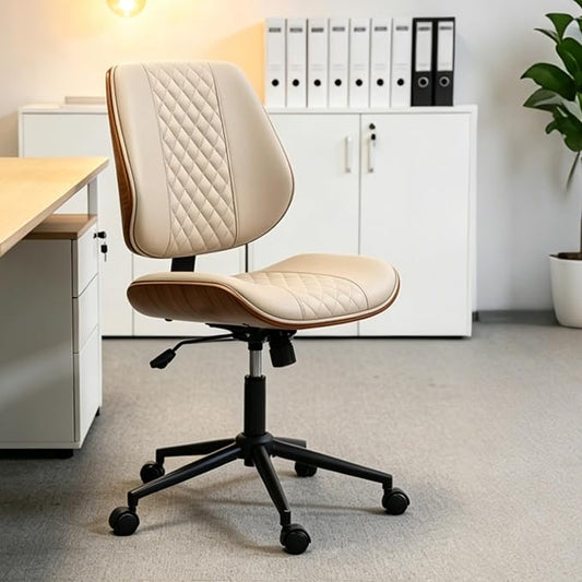 DYHOME Modern Walnut Home Office Chair with Wheels, Executive Office Desk Chair No Arms, Adjustable Height Small Desk Chair, Comfy PU, Deeper Cushion, Mid Back 360 Swivel Computer Chair, Beige