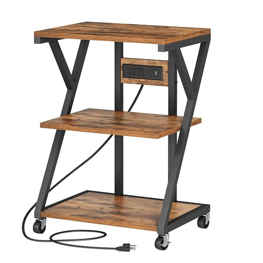 HOOBRO 3-Tier Printer Stand, Mobile Printer Table, Rolling Cart with Charging Station, Home Printer Stand, for Living Room, Kitchen, Office, Rustic Brown and Black BF33UPS01