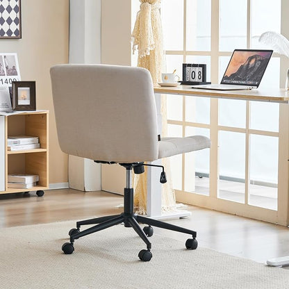 Furnimart Swivel Criss Cross Legged Chair with Wheels for Home Office, Wide Armless Desk Chair Height Adjustable Comfy Seat for Desk,Vanity, Bedroom, Beige