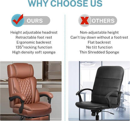 Executive Leather Office Chair, Big and Tall Office Chair with Footrest Home Office Desk Chairs, Ergonomic Computer Desk Chair with Lumbar Support, Reclining Desk Chair with Adjustable Angle