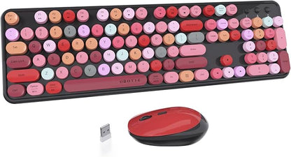 UBOTIE Colorful Wireless Keyboard and Mouse Combos, Retro Typewriter Floating Flexible Full-Sized Keys Computer Keyboard with Optical Mouse, 2.4GHz USB-A Connection for Windows Mac (Black-Colorful)