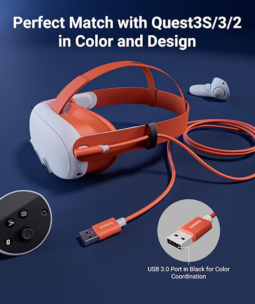 Syntech Link Cable 16 FT Compatible with Meta Quest 3S/Oculus Quest 3, Quest2/Pro/Pico4 Accessories and PC/SteamVR, High Speed PC Data Transfer, USB 3.0 to USB C Cable for VR Headset, Blood Orange