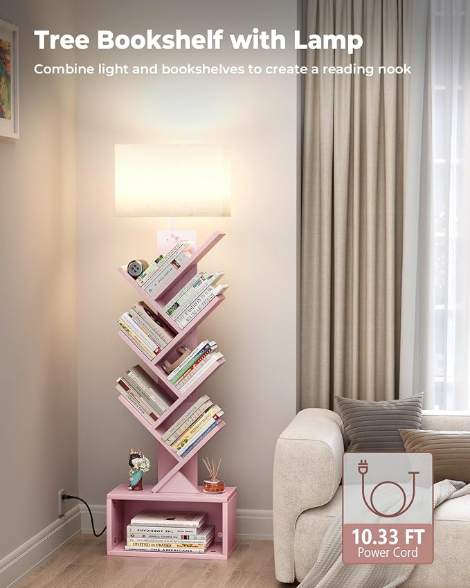 Evermagin 6 Tier Tree Bookshelf with Light, Narrow Bookcase Tower, Tall Floor Standing Book Shelf Organizer with Storage Cabinet for Living Room, Bedroom and Home Office, Pink