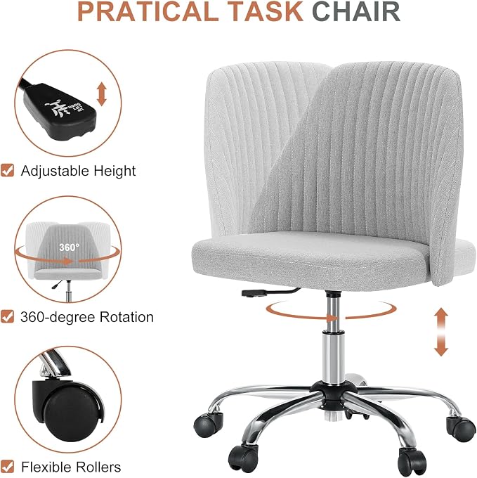 DUMOS Office Chair, Comfy Desk Chair Rolling Vanity Swivel Task Chairs with Wheels, Wide Seating Armless Height Adjustable Computer Chairs for Home,Bedroom,Student,Adults, Classic Grey