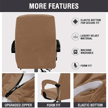 Velvet Plush Office Desk Chair Cover for Ergonomic, Brown, XL | Stretchable, Wide Large, Cat Proof Elastic, Fits Mesh and Executive Chairs, With Wheels and Armrests, Removable