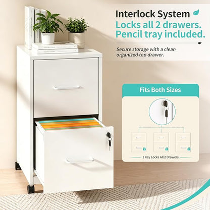 SAWJEC 2 Drawer Metal File Cabinet with Lock, White Mobile Filing Cabinet for Home Office, Assembly Required, Vertical Locking File Cabinet with Letter Size Hanging Files, 17.7" D x 15.0" W x 26.8" H