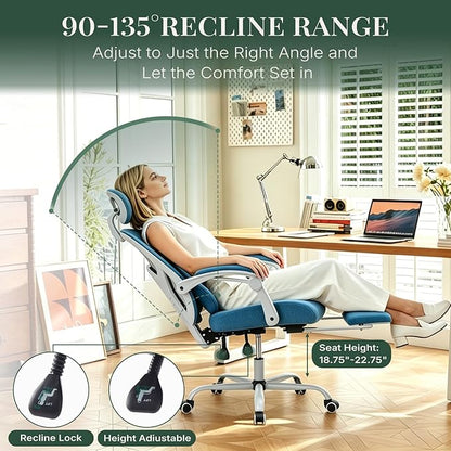 Ergonomic Office Chair with Footrest, High Back Home Desk Computer Chair with Lumbar Support & Headrest, 90-135° Reclining Mesh Back with Wheels for Work, Gaming, Blue