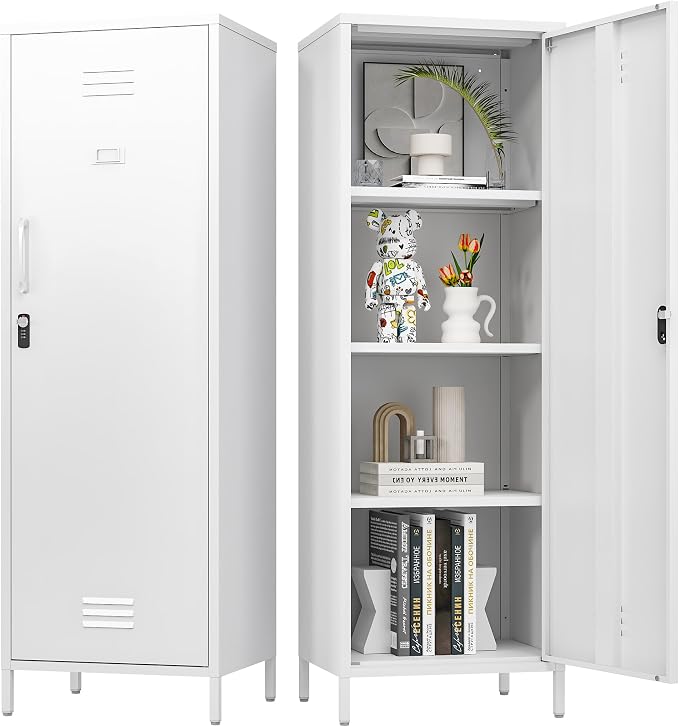 Metal Locker Cabinet, White Kitchen Pantry Storage Cabinet 59" Garage Steel Tool File Cabinets with Doors and Adjustable Shelves for Office,Garage