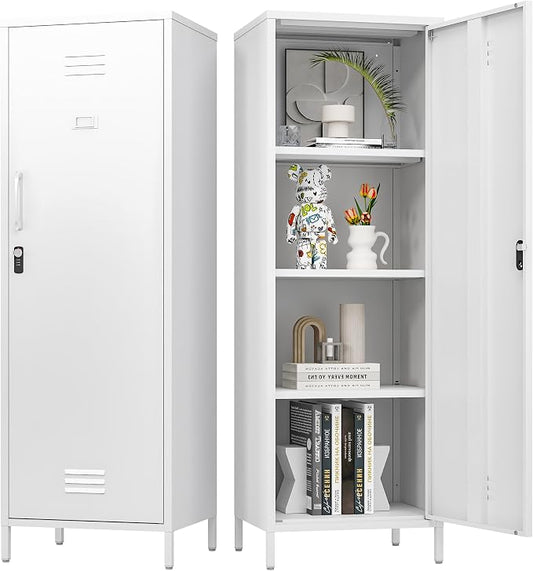 Metal Locker Cabinet, White Kitchen Pantry Storage Cabinet 59" Garage Steel Tool File Cabinets with Doors and Adjustable Shelves for Office,Garage