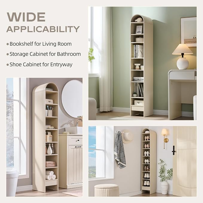 IFGET 67" Tall Arched Bookshelf, 8 Tiers Arch Bookcase with Storage, Modern Farmhouse Book Shelf with Adjustable Shelves, Wood Bookshelf w/Open Display Shelves for Living Room, Office (Cream)