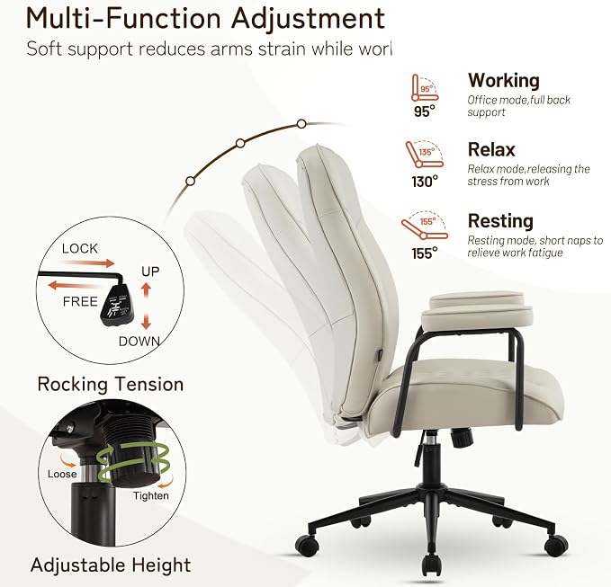 Furniliving Leather Office Chair, Comfy Home Office Desk Chair, Mid Century Modern Office Chair with Lumbar Support, Mid-Back Adjustable Swivel Computer Chair with Wheels and Arms, Light Grey