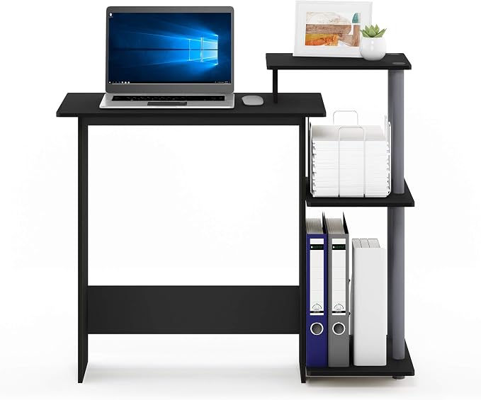 Furinno Efficient 29-Inch Black Computer Desk with Side Shelves, Gaming Desk with 3 Open Shelves, Home Office Desk, for Home Office, Study Room, Dorm, Bedroom, Black